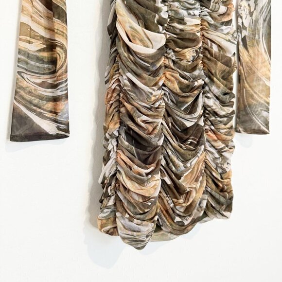 Zara Mesh Long Sleeve Ruched Marble Print Bodycon Mini Dress Stretchy Size XS - Picture 5 of 11